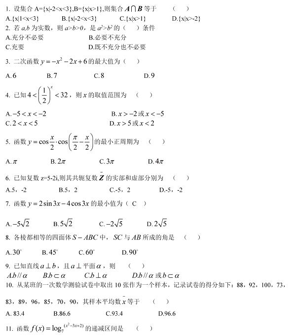 歷年福建成人高考高起本試題題庫：數學真題及答案(一)